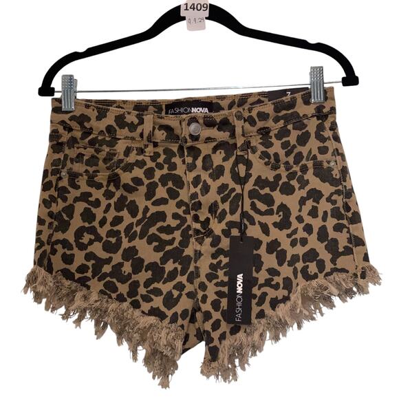 Leopard Shorts Frayed Denim Juniors, Fashion Nova, 7J , Tan, Black - Picture 1 of 3